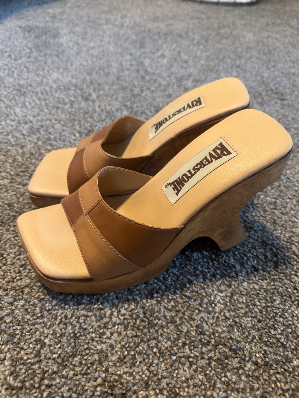 Brown Leather Wooden Platform Mules Unique Block Heels